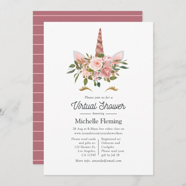 Blush and Rose Gold Unicorn Virtual Baby Shower Invitation (Front/Back)