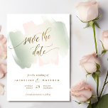 Blush and Sage Brush Strokes, Minimal Wedding Save The Date<br><div class="desc">Elegant Wedding Save the Date card with beautiful sage green brush strokes in a harmonious blend of blush, peach -pink and sage green hues with "Save the Date" phrase in graceful modern hand written calligraphy. Attractive back with brush strokes wash. Modern, elegant minimalist style. Note: typography is not in real...</div>