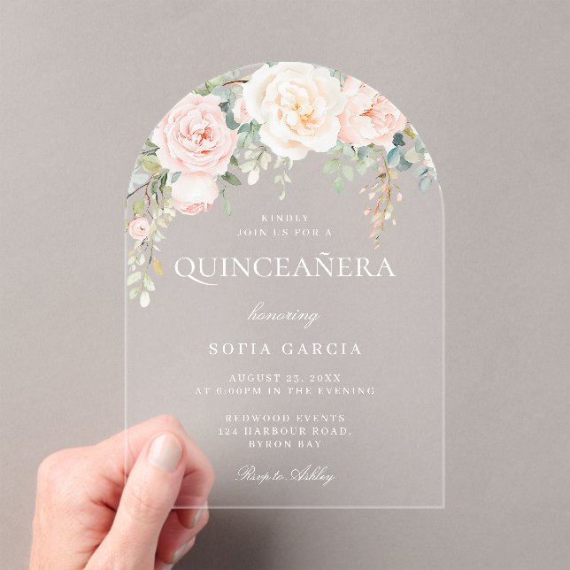 Blush and Sage Floral Quinceanera Arch Acrylic Invitations (Insitu (Handheld))