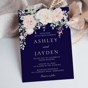 Blush and Sage Floral with Navy Wedding Invitation