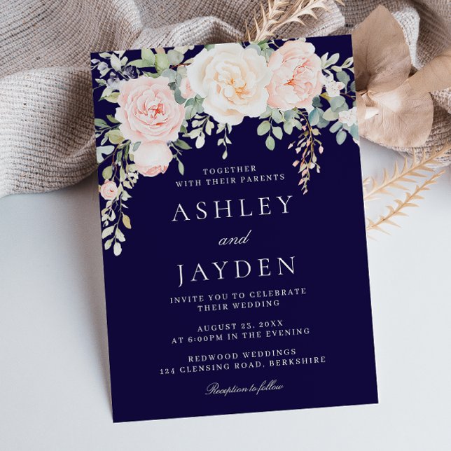 Blush and Sage Floral with Navy Wedding Invitation (Creator Uploaded)
