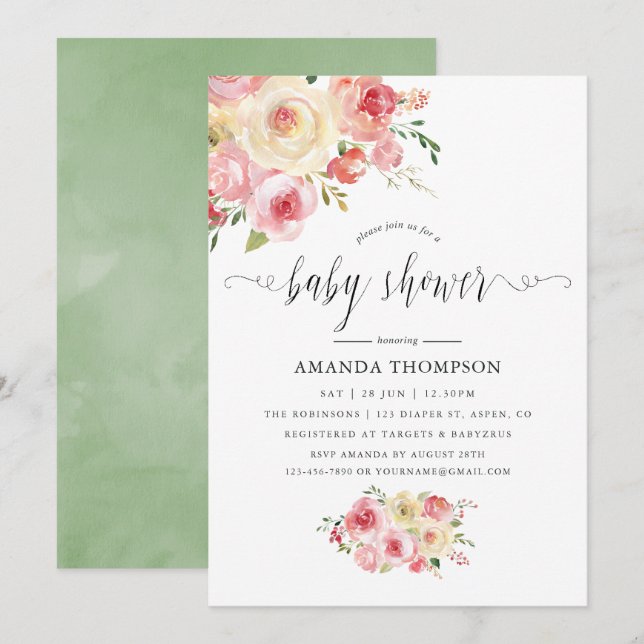 Blush and Sage Green Floral Baby Shower Invitation (Front/Back)
