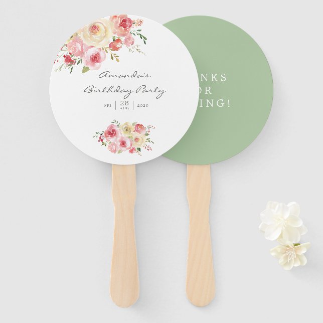 Blush and Sage Green Floral Birthday Party Hand Fan (Front and Back)