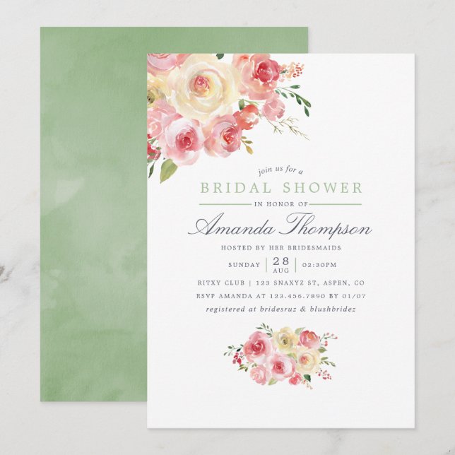 Blush and Sage Green Floral Bridal Shower Invitation (Front/Back)