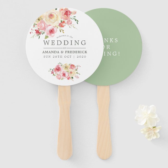 Blush and Sage Green Floral Wedding Favour Hand Fan (Front and Back)