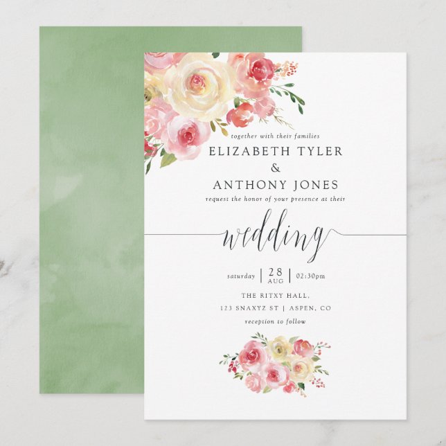 Blush and Sage Green Watercolor Floral Wedding Invitation (Front/Back)