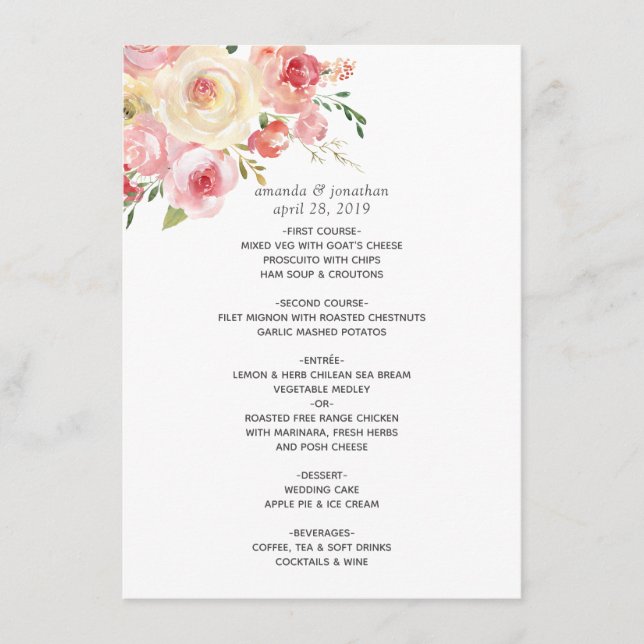 Blush and Sage Green Watercolor Floral Wedding Menu (Front)