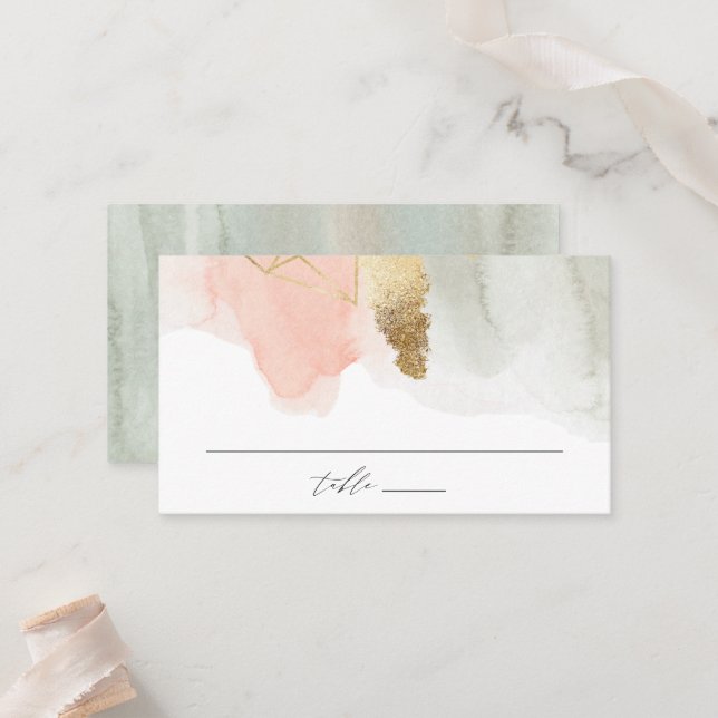 Blush and Sage Watercolor Gold Geometric Wedding Place Card (Front/Back In Situ)