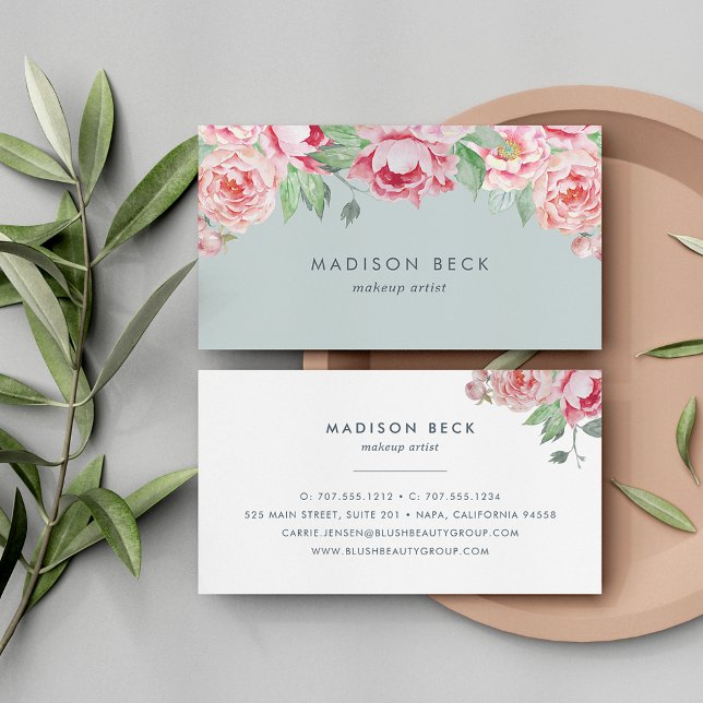 Blush and Sage Watercolor Peony Business Card (Creator Uploaded)