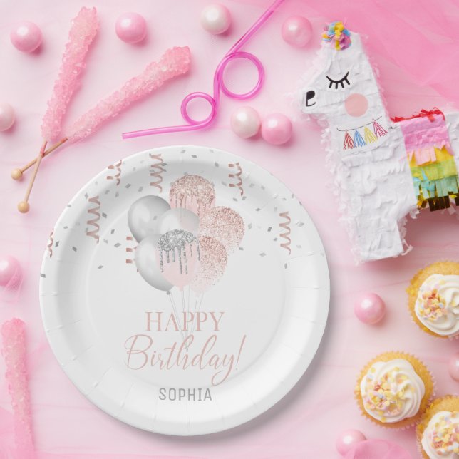 Blush and Silver Balloons Birthday  Paper Plate (Party)
