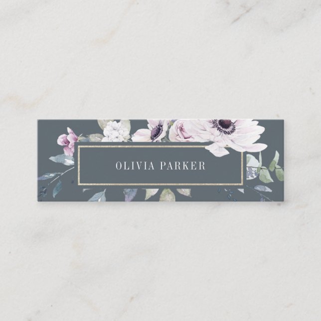 Blush and Soft Violet Floral on Dark Grey Mini Business Card (Front)