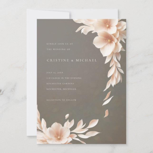 blush and taupe 3d floral wedding invitation (Front)