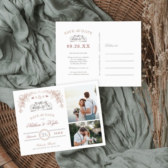Blush and Taupe Bicycle 2 Photo Save the Date Announcement Postcard (Creator Uploaded)