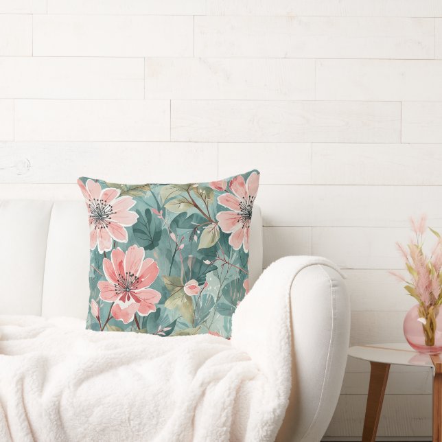 Blush and Teal Vintage Modern Floral Cushion (Couch)