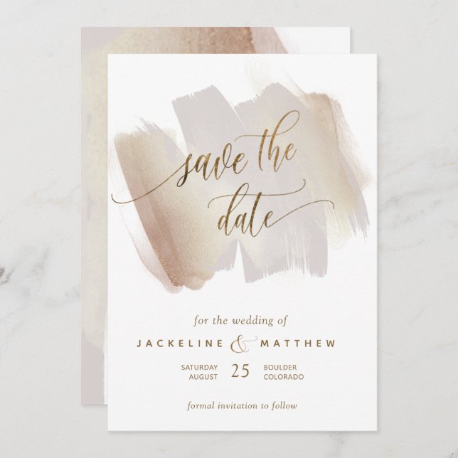 Blush and Terracotta Brush Strokes Minimal Wedding Save The Date (Front/Back)