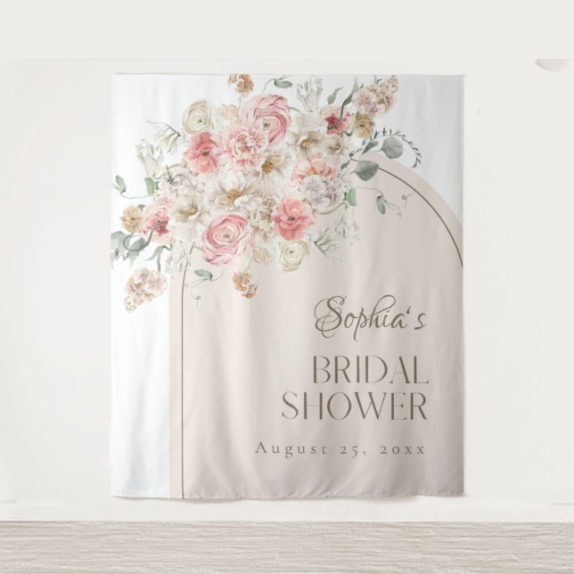 Blush and White Floral Arch Backdrop Tapestry (Front)