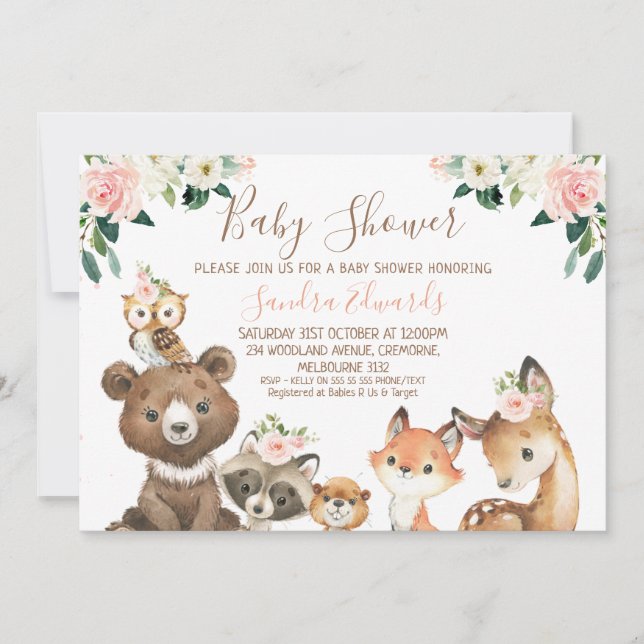 Blush and White Floral Woodland Baby Shower  Invitation (Front)