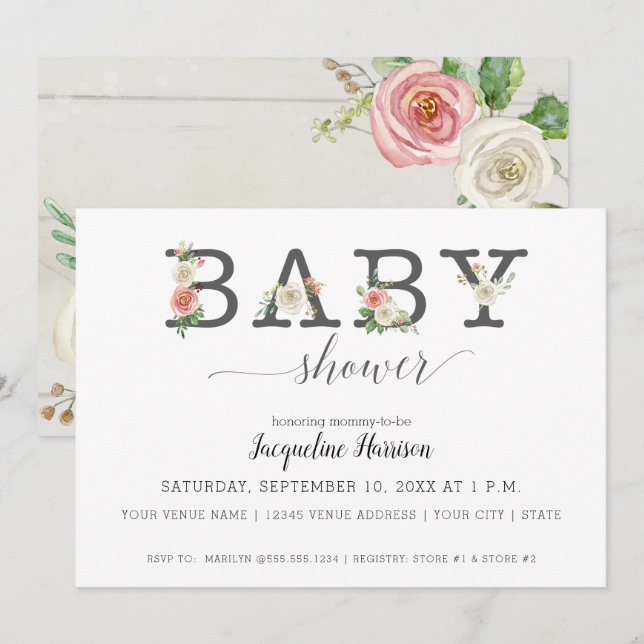 Blush and White Florals Wood | Girl Baby Shower Invitation (Front/Back)
