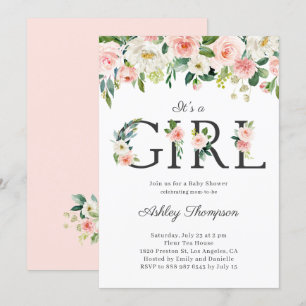 Blush and White Flowers It's a Girl Baby Shower Invitation