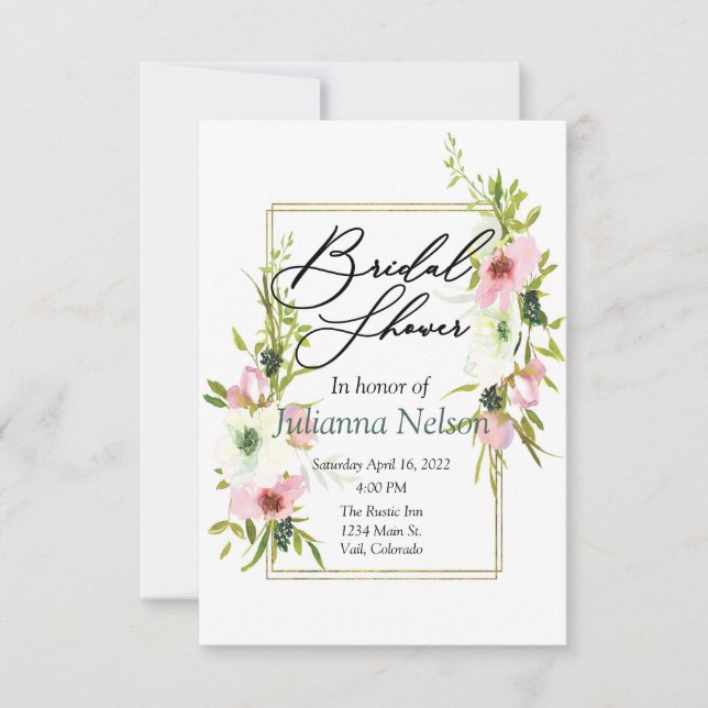 Blush and white watercolor floral  invitation (Front)