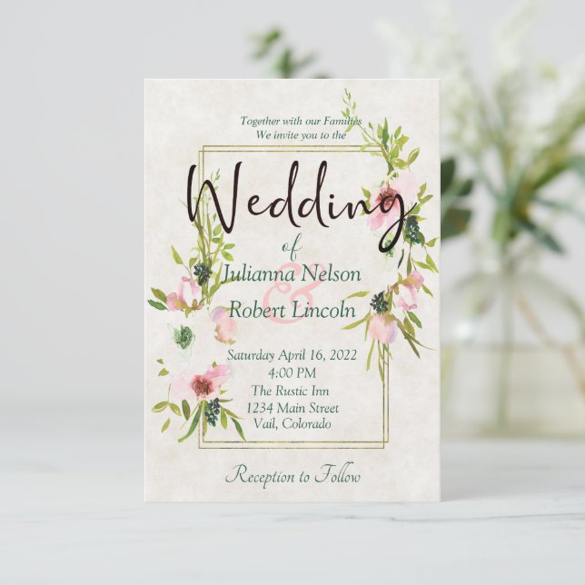Blush and white watercolor floral wedding invitati invitation (Standing Front)