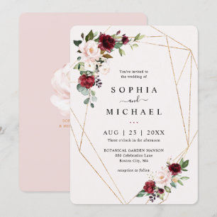 Blush and Wine Floral Gold Geometric Shape Wedding Invitation