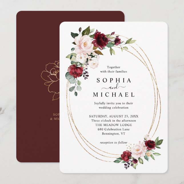 Blush and Wine Floral Gold Oval Shape Wedding Invi Invitation (Front/Back)