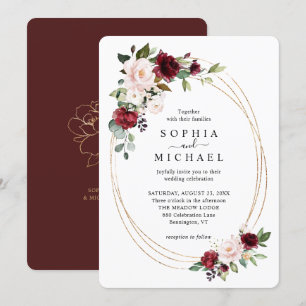 Blush and Wine Floral Gold Oval Shape Wedding Invi Invitation