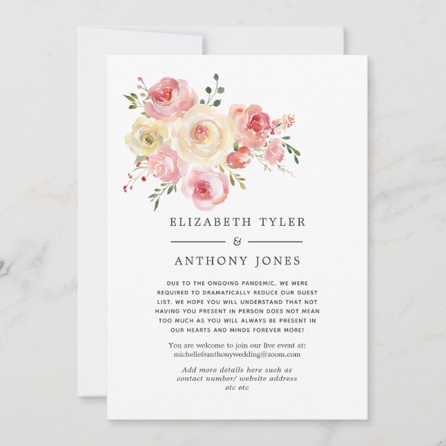 Blush and Yellow Pastel Floral Reduced Guest List Announcement (Front)