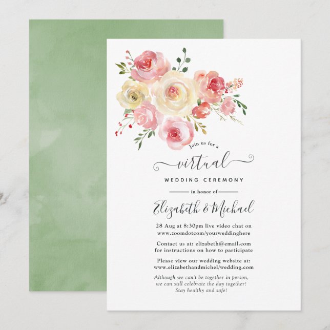 Blush and Yellow Pastel Floral Virtual Wedding Invitation (Front/Back)