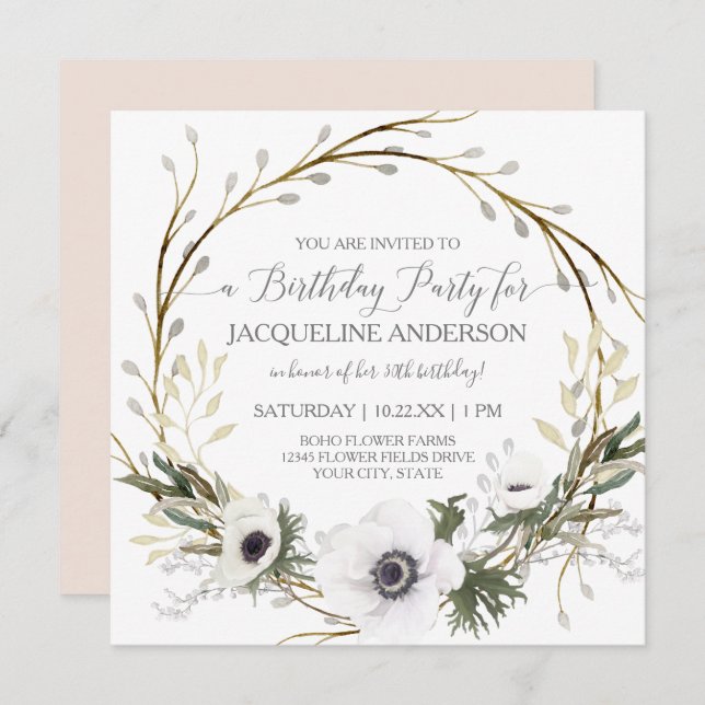 Blush Anemone Twig Fern Eucalyptus Birthday Party Invitation (Front/Back)