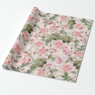 Blush Antique Redouté Roses Branch on pink pattern Wrapping Paper