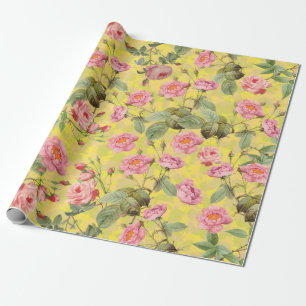 Blush Antique Redouté Roses on yellow pattern Wrapping Paper