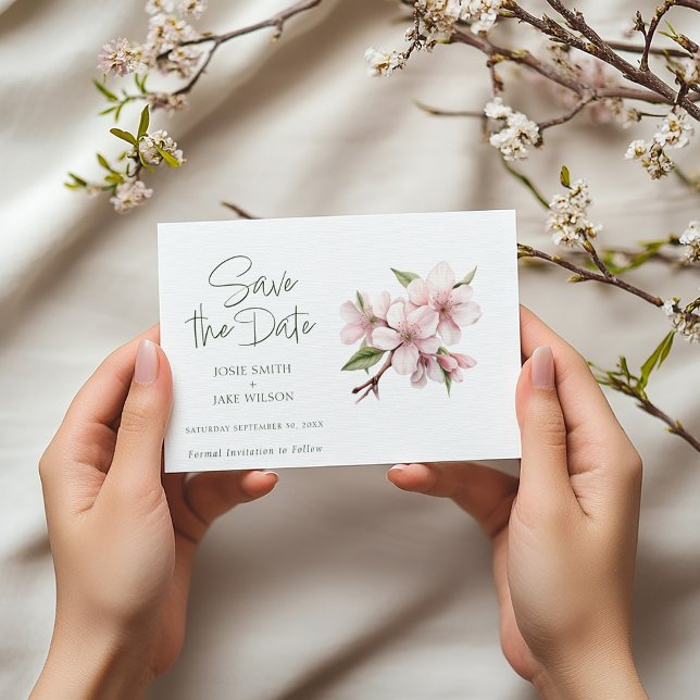 Blush Apple Blossom Save the Date (Pretty save the date vertical card with pink cherry blossom watercolor style illustration with green)