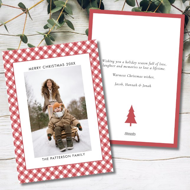 Blush Apple Red Gingham Plaid Photo Christmas Holiday Card (Creator Uploaded)