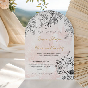 Blush Arch Watercolor with Elegant Black Line Flor Invitation