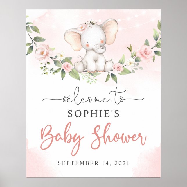 Blush Baby Elephant Girl Baby Shower Welcome Sign (Front)