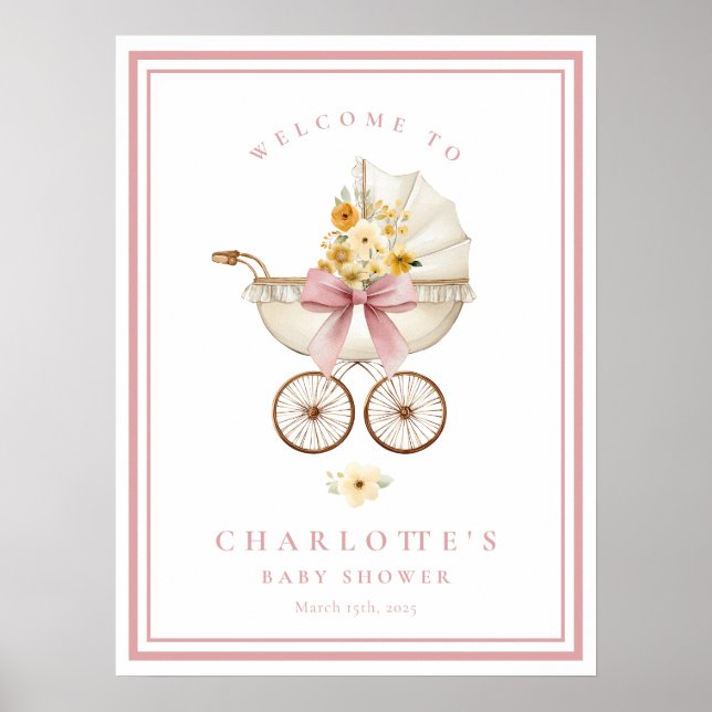 Blush Baby Shower Welcome Poster | Vintage Pram (Front)