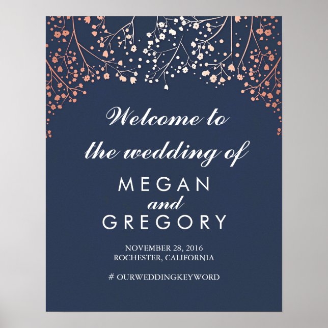 Blush Baby's Breath Navy Wedding Welcome Sign (Front)