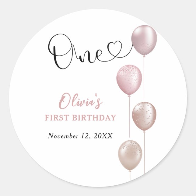 Blush Balloons Girl First Birthday Classic Round Sticker (Front)