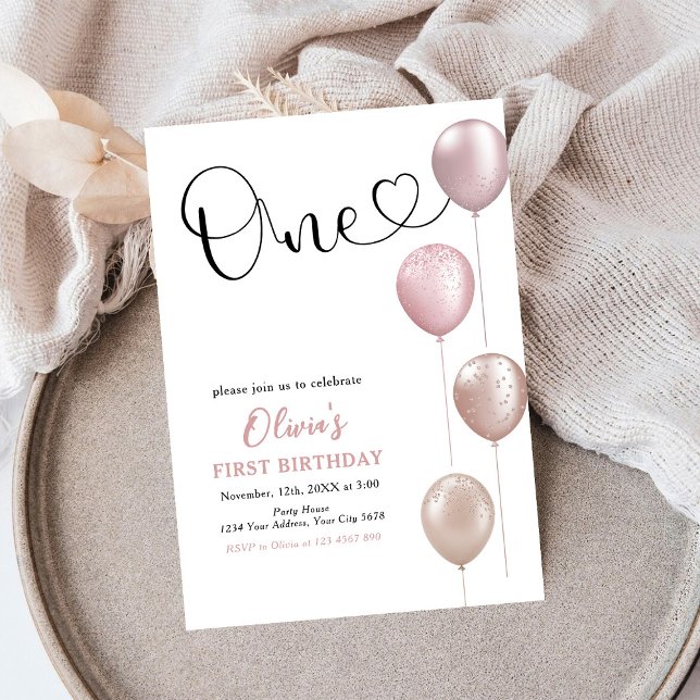 Blush Balloons Girl First Birthday Invitation (Creator Uploaded)