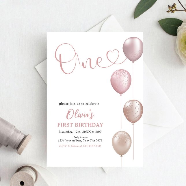 Blush Balloons Girl First Birthday Invitation (Creator Uploaded)