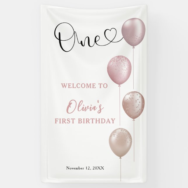 Blush Balloons Girl First Birthday Welcome Banner (Vertical)