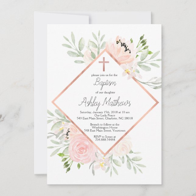 blush baptism invitation, first communion invitation (Front)