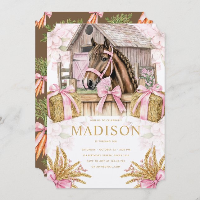 Blush Barn Horse Birthday Invitation for Girls (Front/Back)