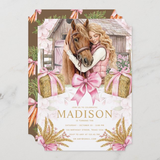 Blush Barn Horse Birthday Invitation with Girl (Front/Back)