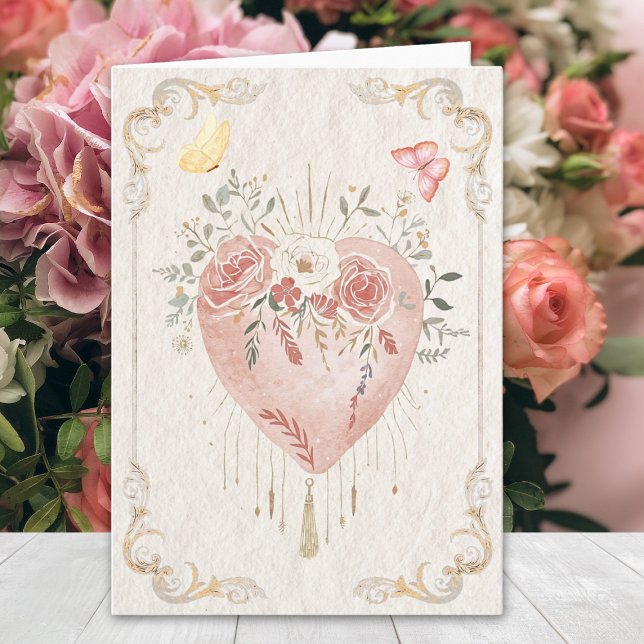 Blush Baroque Floral Sacred Heart Happy Valentines Card (Creator Uploaded)