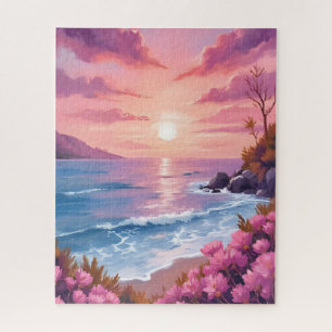 Blush Beach Bay   Ocean Sunset Pink Watercolor Jigsaw Puzzle
