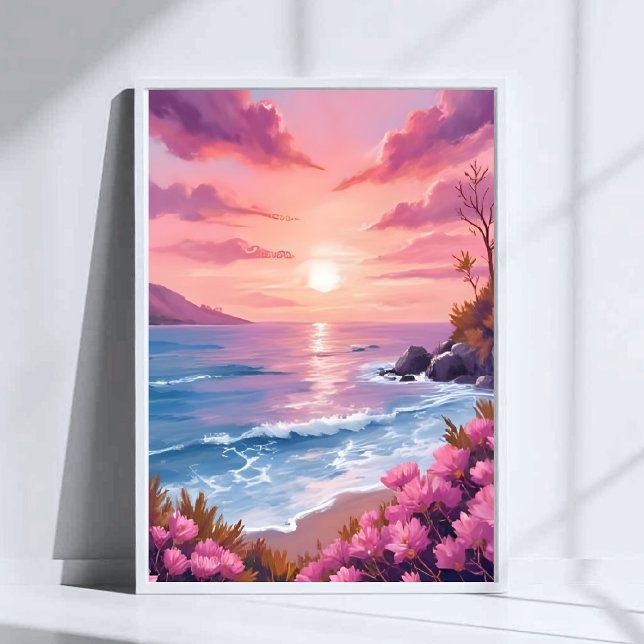 Blush Beach Bay | Ocean Sunset Pink Watercolor Poster (Creator Uploaded)
