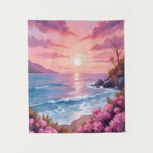 Blush Beach Bay Ocean Sunset Pink Watercolor Tapestry
